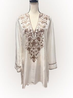 Loyd/Ford 100% Silk Embroidered Tunic Blouse Ivory Brown Boho Size 4